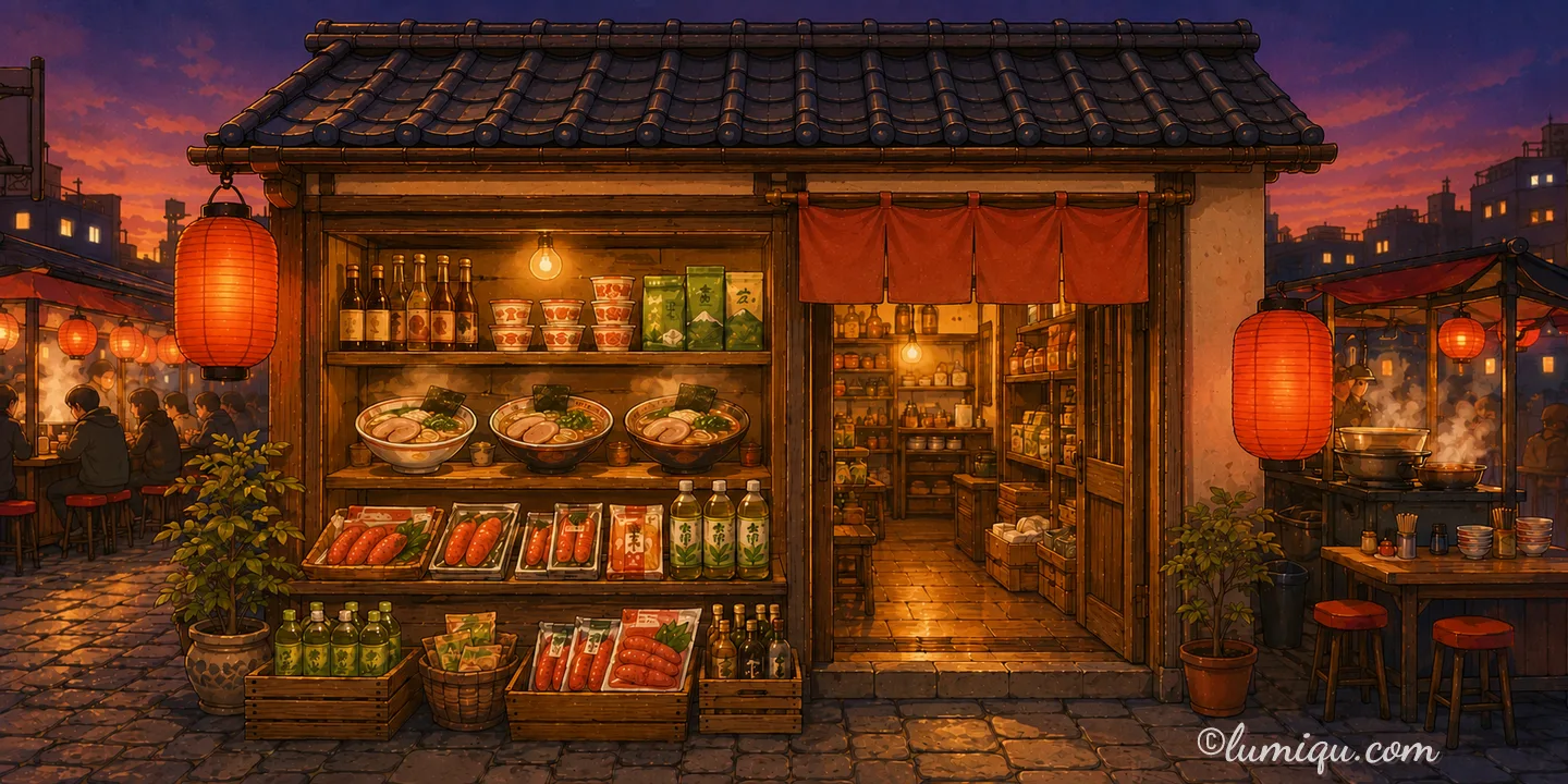 屋台通りの食料品店 はかたや（空想のお店）の店構えイラスト