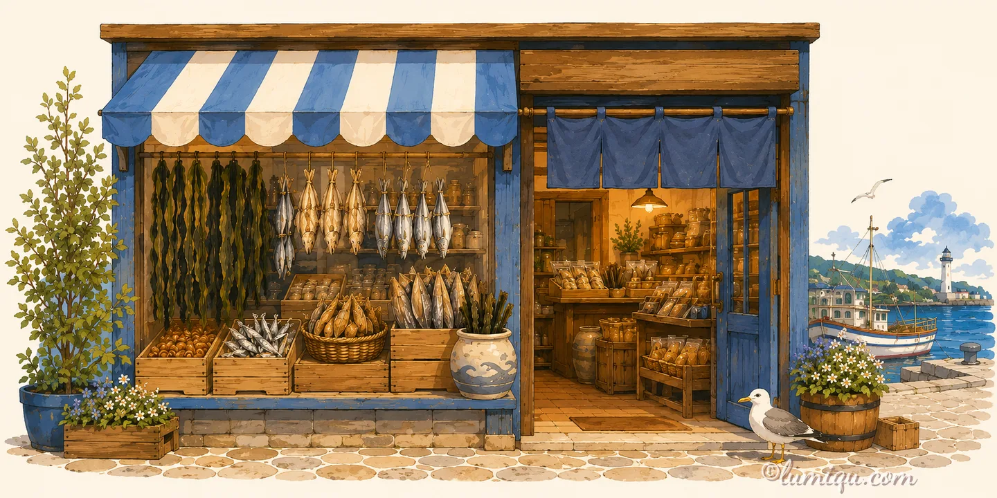 浜のだし屋 きたかぜ（空想のお店）の店構えイラスト