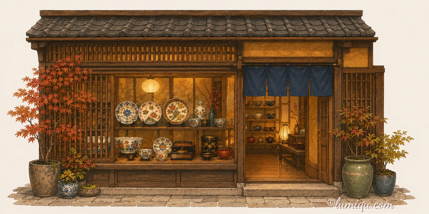 茶屋街のうつわ店 こがね（空想のお店）の店構えイラスト