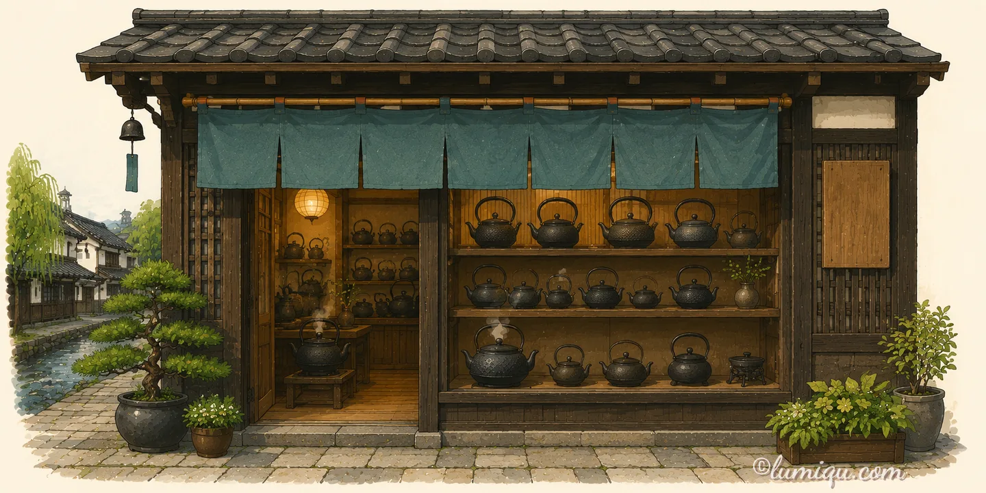鉄瓶の店 くろがね（空想のお店）の店構えイラスト